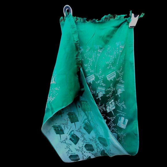 Distressed Antique Green Scarf Paris Souvenir With Landmarks & Moth Holes 47" - Picture 1 of 11